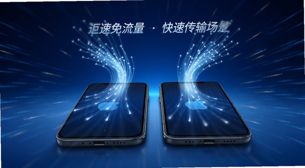 同步转移高速传输场景图,两部手机并排放置,屏幕上方显示光纤般的光速流动线条,象征极速传输,背景采用深蓝色科技感渐变,点缀有速度线特效,视觉冲击力强,强调免流量与快速