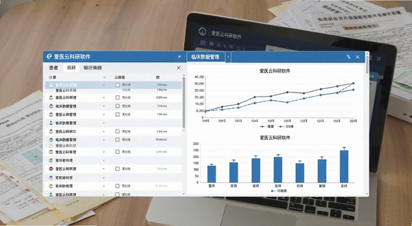 爱医云科研软件的临床数据管理界面截图,左侧是患者列表,右侧是折线图与柱状图,界面以蓝白为主色调,图表线条清晰,背景为桌面摆放的笔记本电脑与纸质病历,风格写实。