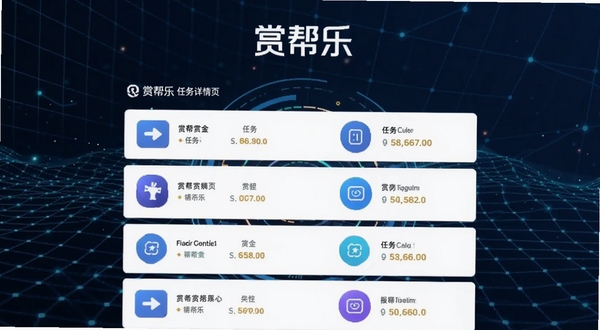 赏帮乐任务详情页展示,列表形式呈现不同任务图标和赏金,背景为抽象科技网格,蓝色主调,画面干净,强调“赏帮乐”品牌标识,横向构图
