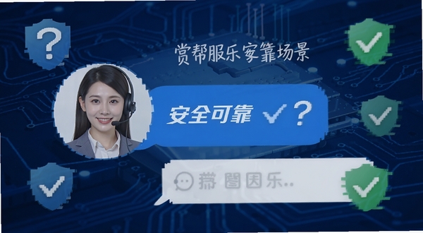 赏帮乐客服解答场景,客服头像对话框,背景为技术风格,蓝色调,有问号与勾号图标,突出“安全可靠”信息,方图