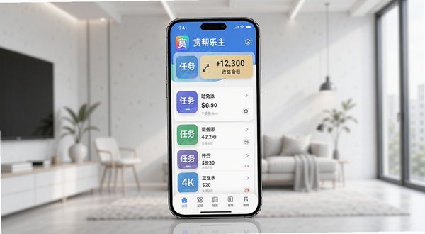 赏帮乐主界面预览图,展示任务列表和收益金额,背景为现代简约风格,手机居中显示,应用图标和任务卡片清晰可见,明亮色调,高细节,4K画质