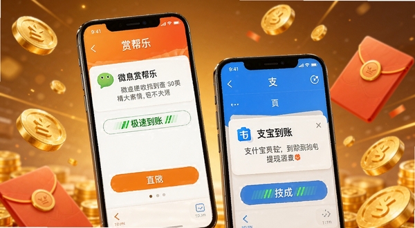 赏帮乐提现到账页面,手机展示微信和支付宝到账通知,背景温暖,金币和红包元素点缀,画面生动,强调极速到账,高清细节