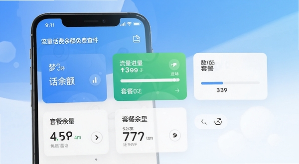流量话费余额免费查软件主界面预览图,手机屏幕显示话费余额、流量使用进度条、套餐余量等核心数据卡片,背景采用清新的蓝白渐变色调,界面风格简约现代,卡片布局整齐清晰,整体给人专业可靠的视觉感受