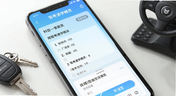 一张手机屏幕特写,屏幕中显示驾考速学精灵的科目一练习界面,界面清晰展示题目选项与答题卡,背景为淡蓝色渐变,桌面放有车钥匙与驾驶模拟器,画面明亮写实,突出备考氛围。