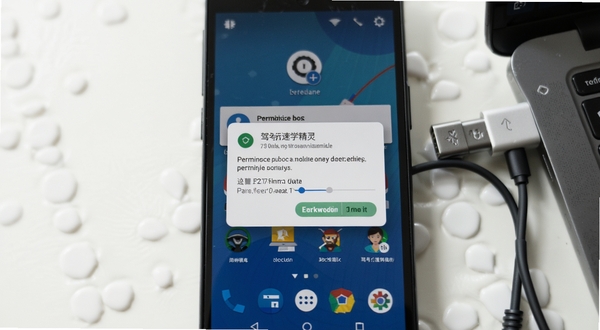 驾考速学精灵在安卓手机上的应用安装界面,显示权限请求弹窗,背景为系统桌面,旁边有数据线连接电脑,画面写实,强调安装过程与权限设置注意事项。