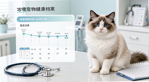 咕噜宠物健康档案界面设计图,界面展示一只布偶猫的疫苗接种时间线和驱虫记录,背景是兽医诊所的诊疗台,旁边有听诊器和疫苗本,整体色调清爽淡雅,突出医疗健康主题,画面中有日历标记提醒日期