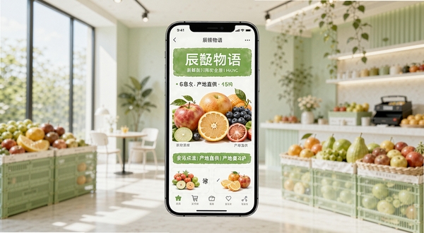 辰颐物语购物平台全貌预览图,画面主体为手机界面展示新鲜水果与产地直供信息,背景为简约现代风格的电商购物场景,色彩明亮清新,突出健康与新鲜感。