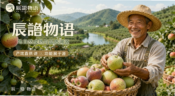 辰颐物语产地直供功能展示图,画面主体为果园中新鲜采摘的水果与农民笑脸,背景为青山绿水的果园环境,强调自然成熟与品质溯源,风格写实温馨。