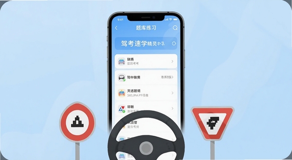 驾考速学精灵软件主界面预览图,手机屏幕显示驾考速学精灵的题库练习界面,背景为柔和的浅蓝色渐变,手机下方有方向盘和交通标志的扁平化装饰元素,整体风格简洁现代,突出驾考学习氛围