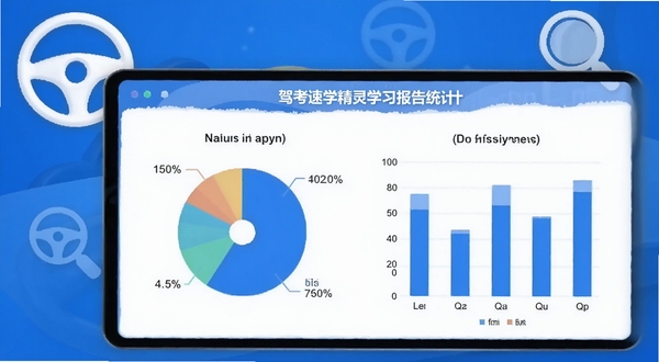 驾考速学精灵的学习报告统计界面,屏幕上展示着饼状图和柱状图,分析用户的知识点掌握情况,背景是带有方向盘和放大镜的图标元素,配色以蓝白为主,体现数据化与智能化学习