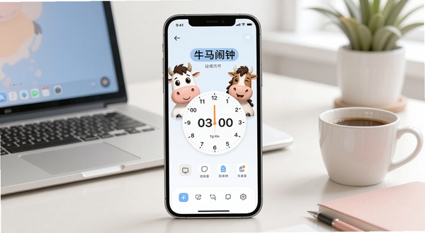 一张现代简约风格的手机app界面展示图,屏幕中央显示牛马闹钟的主界面,有可爱的卡通牛马形象和圆形计时表盘,背景为办公桌场景,配有电脑、咖啡杯,画面明亮、色彩柔和,突出软件的实用与趣味性,整体构图清晰,适合软件介绍页使用。