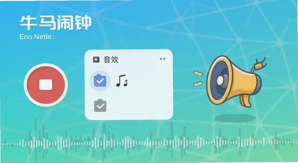 牛马闹钟的语音提醒设置页面,有录音按钮、音效选择列表以及一个卡通喇叭图标,背景是简洁的纯色渐变,带有音频波形图元素,整体设计干净直观,突出个性化语音设置功能。