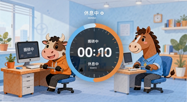 牛马闹钟app的番茄钟模式界面截图,展示“搬砖中”和“休息中”的状态切换,有卡通牛和马在办公桌旁劳作的插画,计时圆环清晰可见,背景是轻松明快的办公室风格,色彩以橙色和蓝色为主,画面充满年轻化和趣味性。