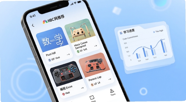 NBC网校智能推荐界面,手机屏幕展示个性化课程卡片,包含数学、英语、编程等推荐内容,背景为柔和渐变蓝色,搭配学习进度图表,科技感与教育感融合,画面干净有层次,适配Boogu模型生成