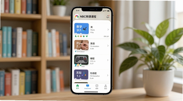 现代在线教育应用界面,手机屏幕显示NBC网校课程列表,涵盖数学、英语、编程等科目,背景是书架和绿色植物,界面风格清新简洁,色彩明快,突出学习氛围,适配Boogu模型生成