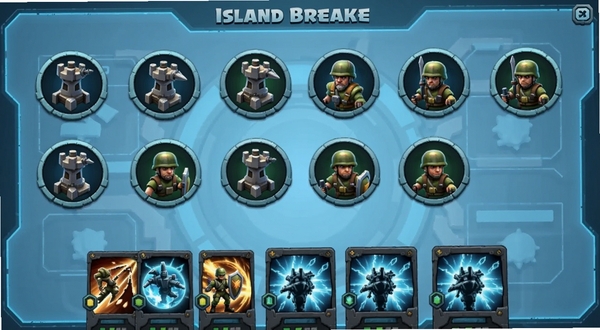 չʾIsland Breaker��Ϸ�е�λѡ������ͼƬ����Ļ���ж��Բ��ͼ�꣬�ֱ������ͬ�ķ�������ʿ�����·��м��ܿ��ƣ������Ǽ��ĿƼ�����ɫ���棬�����������ʺ���Ϊ��Ϸ������ͼ��