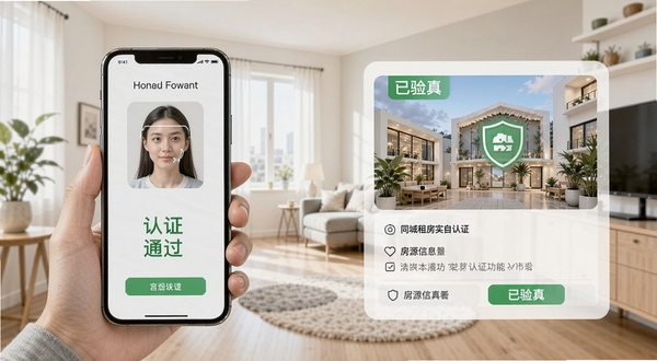 同城租房实名认证功能示意图,一名房屋管理员正在手机上进行人脸识别操作,屏幕显示认证通过字样,旁边是带有已验真标识的房源信息卡片,背景是整洁的公寓内部环境,光线自然