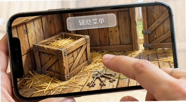 ��д���棺��ҵ���ָ���ڵ���ֻ���Ļ�ϵ���Ϸ���棬��������ʾһ���Ȳ��ڲ���������������һ����ľ�䣬�Ա�ɢ���ż������ݺ�һ��Կ�ס���Ļ�Ϸ������š������˵�����͸����ť������������������ͻ�����������ı���Ժͳ���ϸ�ڡ�