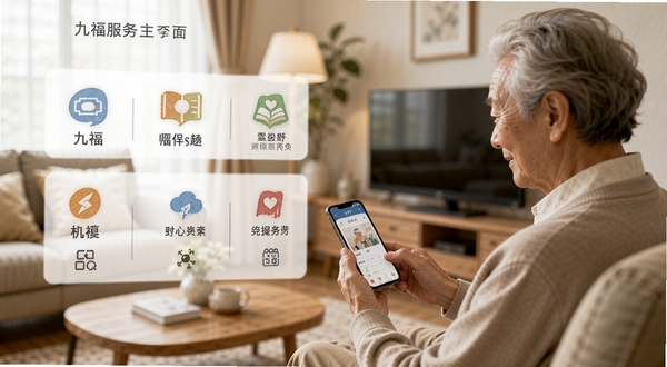 九福服务主界面预览图,展示大字体图标和清晰的功能分区,背景为温馨的家庭客厅场景,一位老人正在使用手机,画面明亮柔和