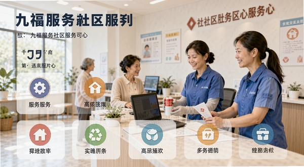 九福服务社区服务列表页面,展示多个服务项目图标,背景为社区服务中心场景,工作人员热情服务