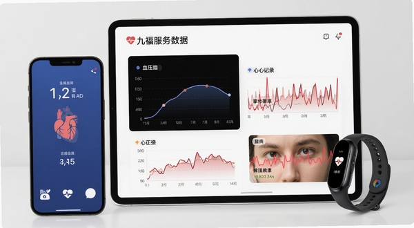 九福服务健康数据图表界面,展示血压曲线和心率记录,旁边有手机和智能手环,背景干净简洁