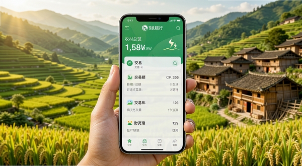 黔农村银手机银行APP界面展示,画面中央是一部大屏智能手机,屏幕显示清晰的账户总览页面,包含余额、交易记录等元素,背景是贵州省典型的田园风光与村寨,色调以绿色和金色为主,体现农村金融服务的亲切与便捷,画面细节丰富,风格写实,光线明亮柔和。