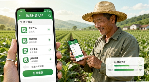 黔农村银APP贷款申请页面,屏幕显示贷款产品列表和额度计算器,背景是农村种植大户在田间查看手机,画面体现金融助力农业发展的场景,色调以绿色为主,富有希望感,细节包含合同图标和审批进度条。