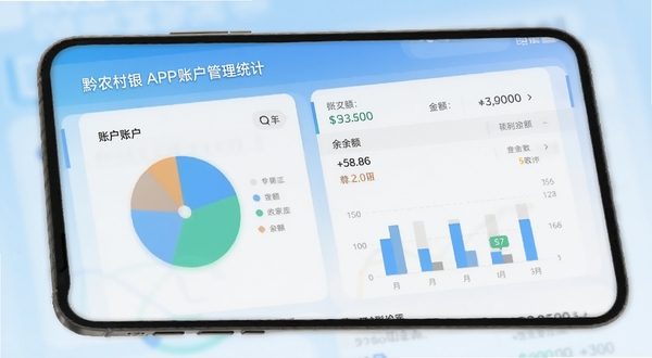黔农村银APP的账户管理功能界面,手机屏幕展示简洁的收支统计图表,有饼状图和柱状图,旁边配有账户列表和余额数字,背景采用浅蓝色渐变,突出数据可视化效果,整体风格现代清晰,符合金融科技感。