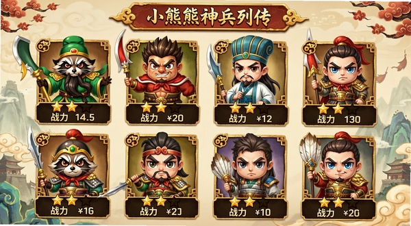 小浣熊神兵列传游戏角色图鉴界面,展示多个Q版三国武将立绘,包括关羽、张飞、诸葛亮等,每个角色下方显示星级与战力值,界面设计精美,色彩丰富,带有中国风元素。