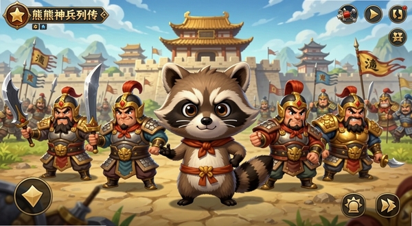 小浣熊神兵列传游戏主界面全景预览,画面中央站立着Q版小浣熊主角与多名三国武将,背景是古代城池与战场,整体色调明亮鲜艳,采用卡通渲染风格,UI布局清晰,适合作为游戏宣传图。