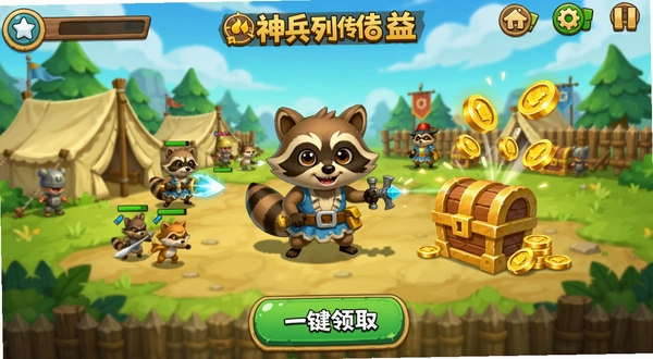 小浣熊神兵列传放置挂机收益界面,画面展示游戏主角在营地中自动战斗,旁边有宝箱和金币飞出,界面下方有一键领取按钮,整体画风明亮活泼,突出轻松养成的游戏特色。