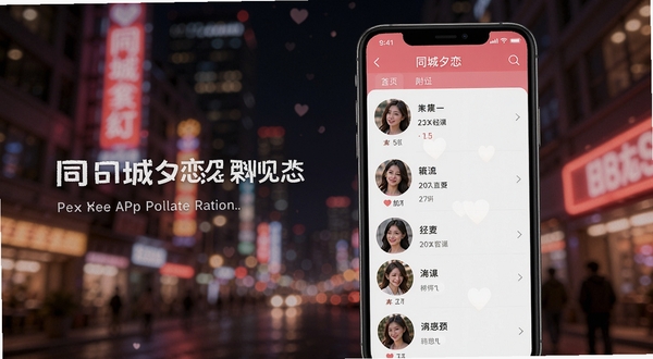 同城夕恋APP界面预览图,画面主体为手机屏幕展示附近的人列表,背景为模糊处理的现代都市夜景霓虹灯,整体色调温馨浪漫,突出社交与恋爱氛围