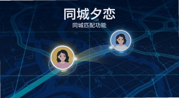 同城夕恋同城匹配功能展示图,画面主体是地图上两个邻近的用户头像光点相互靠近,背景为简约的科技感网格,色彩明亮清新,强调地理位置的亲近感