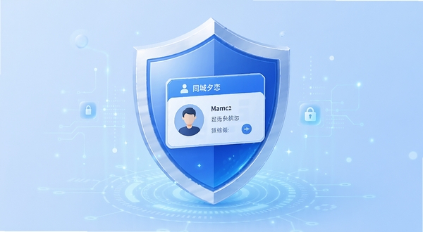 同城夕恋安全隐私功能示意图,画面主体为一个盾牌图标包裹着用户资料卡,背景为浅蓝色科技光效,风格简洁现代,传达安全可靠的信任感