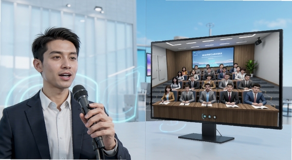 演说智境场景模拟功能展示,画面左侧是用户手持手机对着麦克风讲话,右侧屏幕中显示虚拟的会议室观众席,画面采用分屏设计,色调明亮,突出沉浸式演练的科技感