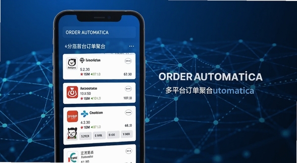 Order Automatica 多平台订单聚合界面,手机屏幕上显示来自不同电商平台的订单卡片,每个卡片带有平台图标,背景为抽象的数据网络连接线条,主色调为蓝色,画面主体为屏幕中的订单卡片,清晰展示软件名称 Order Automatica