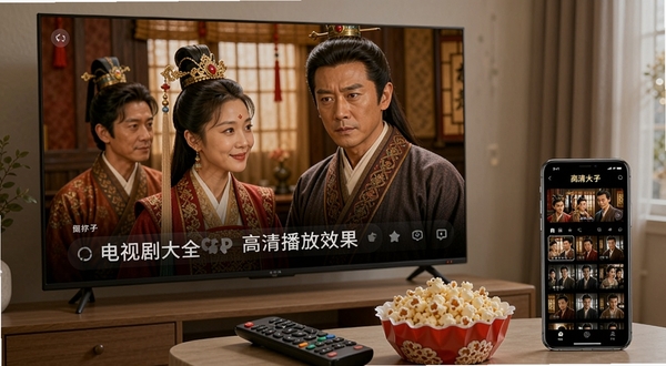 高清电视屏幕正在播放古装剧的绚丽画面,画面细节丰富,色彩饱满,电视下方摆放着遥控器和爆米花,旁边有一部手机显示电视剧大全的小窗播放模式,整体场景表明应用支持高清投屏与多端联动,配文“电视剧大全 高清播放效果”