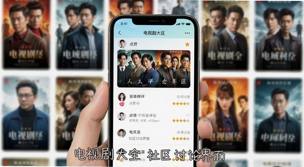 手机屏幕展示电视剧大全的剧评社区页面,页面中有用户的点赞、评论和星级评分图标,背景是模糊的剧集海报墙,色彩活泼明快,体现互动与分享的乐趣,配文“电视剧大全 社区讨论界面”
