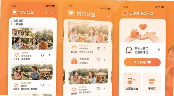 �ö�����app�����������չʾ��ҳ������Ŀ�б������ľ�����ť��־Ը�߻��ڣ�����Ϊ��ů�ĳ�ɫ���䣬���������ִ������ñ�ƽ����ƣ�ͼ������������Ӫ�����������ů�Ĺ����Χ