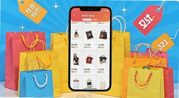 淘购物特价商城手机应用主界面预览图,画面中央展示一款智能手机,屏幕中清晰显示特价商品的瀑布流列表,背景采用明亮的购物袋与促销标签元素,整体风格现代简约,色彩明快,突出移动购物场景
