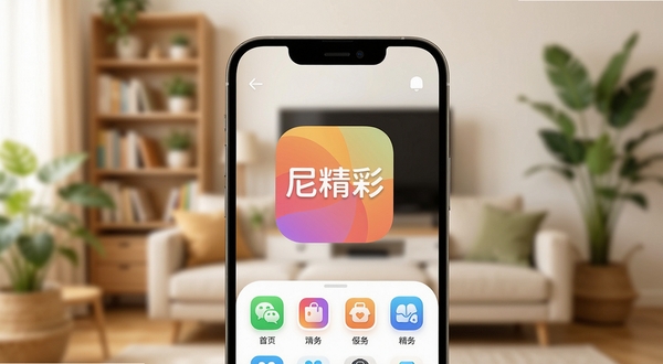 一张现代智能手机屏幕特写,屏幕中央清晰显示“尼精彩”APP的彩色图标与简洁首页界面,背景为虚化的温馨客厅环境,书架与绿植点缀,整体色调明亮柔和,突出生活服务与便捷感,界面布局清晰,图标圆润,符合Boogu模型对真实场景与UI细节的渲染要求。