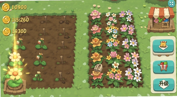 Idle Garden��Ϸ�ڽ�ͼ���չʾһƬ�����ѵ����ر�ɷ����ƽ��Ĺ��̣���������н������������ֲ�����Ĺ�Ч���Ҳ����̵��������ť��UI����ִ���ɫ����ͣ����ַ��ùһ��淨�ص�