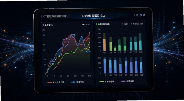 一张关于IOT智联数据监控功能的界面设计稿,画面主体是一个平板电脑,屏幕上展示着色彩丰富的折线图和柱状图,分别代表温度变化与电量消耗趋势,图表下方有不同颜色的图例标识,背景采用深色科技风格,配有流动的数据光线,强调大数据分析与本地化存储的安全特性