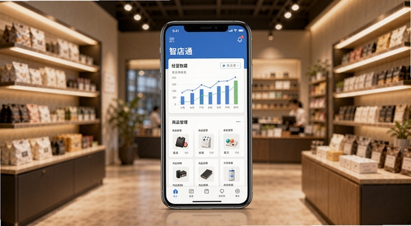 智店通软件主视觉图,画面中心是一部智能手机,屏幕上显示着清晰的店铺经营数据图表与商品管理列表,背景是模糊的现代实体店铺内部环境,货架商品整齐,暖色调灯光营造出专业且有活力的商业氛围