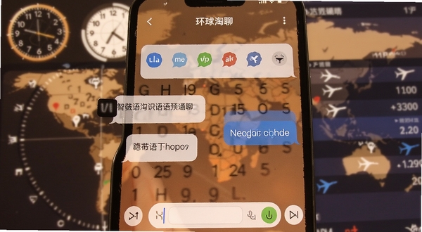 智能手机屏幕特写,展示环球淘聊APP双语聊天界面,左侧为中文气泡,右侧为英文气泡,在输入栏上方有一排语言选择小图标,背景虚化的世界时钟与航班信息图,象征跨时区交流,画面色调温馨,突显翻译功能的便捷与智能