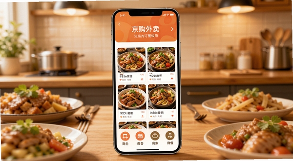 京购外卖订餐软件开屏界面预览图,手机屏幕展示丰富美食列表和商家分类图标,背景为暖色调的厨房餐桌场景,整体风格明亮清晰,突出外卖点餐的便捷与美食诱惑,画面中心聚焦手机界面,周围有虚化的食物元素作为点缀