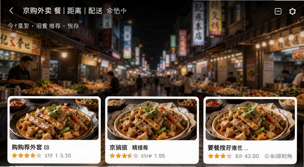 京购外卖订餐美食推荐界面截图,手机界面展示多张诱人的菜品大图和评分星级,背景是模糊处理的繁华美食街夜景,画面色彩饱满,突出智能推荐算法的精准与个性化,界面布局清晰展示店铺名称、距离和配送时间