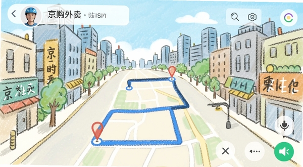 京购外卖订餐骑手配送路线规划截图,手机界面显示地图上的点对点路线和骑手头像,背景为城市街景手绘风格,强调实时定位与路径规划功能,色调清新明快,突出配送效率