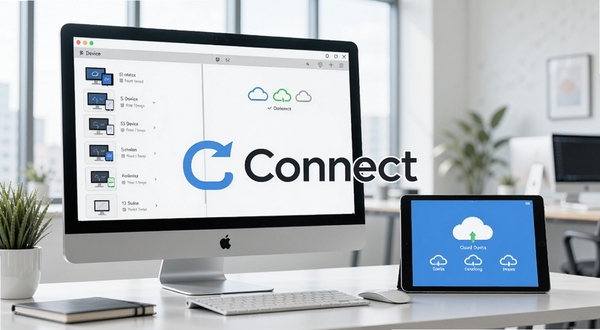 Connect软件主界面概览,展示多设备连接列表与云端同步状态,背景为现代化办公环境,桌面有电脑和平板设备,整体色调清爽明亮,突出连接与协同主题,画面中央显示Connect名称LOGO,细节丰富,适合软件介绍图