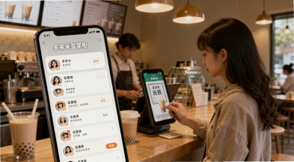 多来米盈掌柜会员营销功能预览图,画面展示手机屏幕上会员列表和优惠券发放界面,背景为温馨的奶茶店,有顾客正在扫码,柔和光线,真实场景风格,包含文字多来米盈掌柜